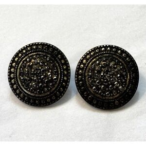 Vintage Round Button Pave Black Rhinestone Earrings Old Money World Etruscan